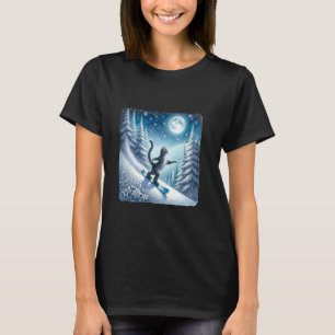 Camiseta Gato Esquiadando Graciosamente Sob o Céu de Invern