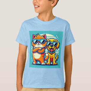 Camiseta Gato Estiloso e Cachorro Alegre