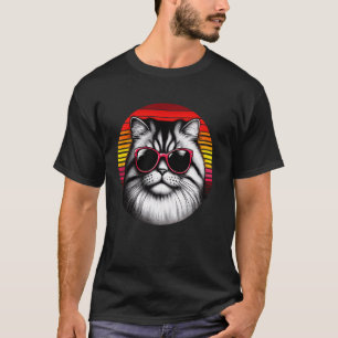 Camiseta Gato Exótico de Pelo Curto Retro Óculos de Sol Pôr