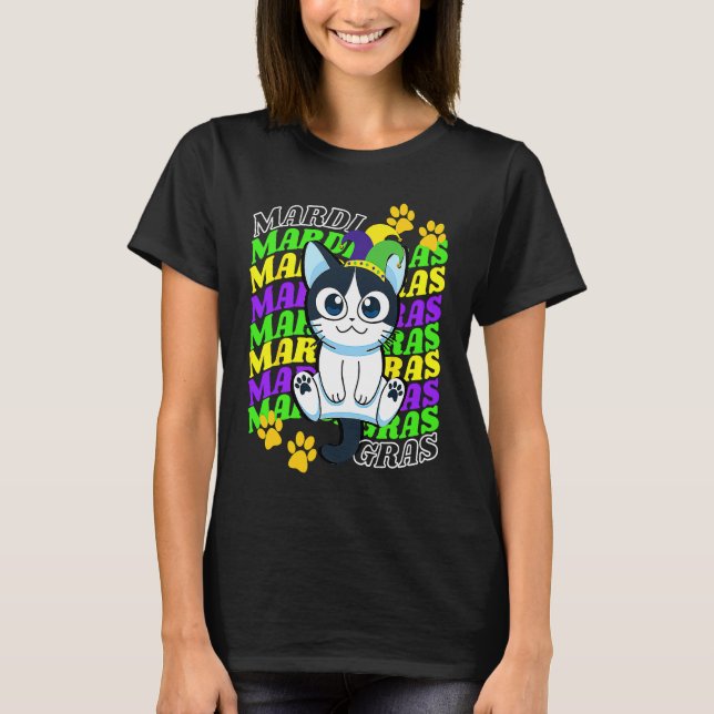 Camiseta Gato Faixa de Cabeça Carnaval de Mardi Gras Acessó (Frente)