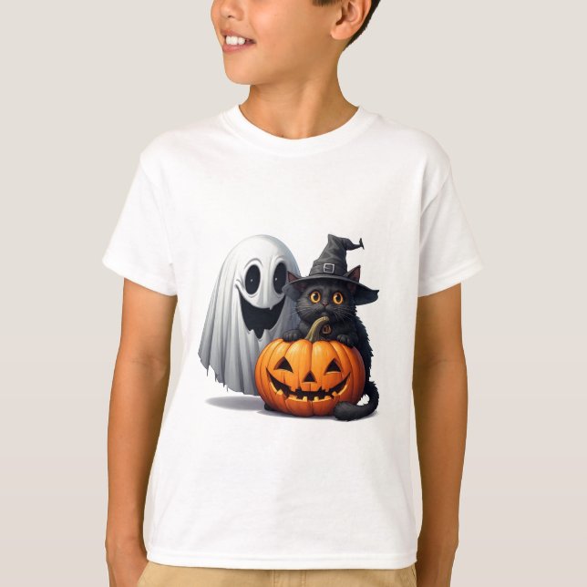 Camiseta Gato Fantasma Abóbora Halloween 🎃 (Frente)