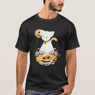 Camiseta Gato Fantasma de Halloween com Floral de Abóbora A