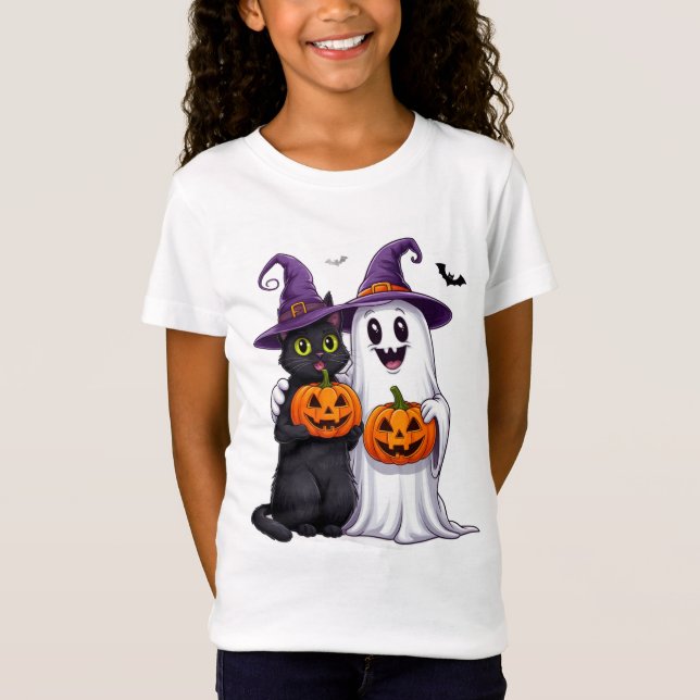 Camiseta Gato Fantasma e Cena de Halloween de Abóbora 👻 (Frente)