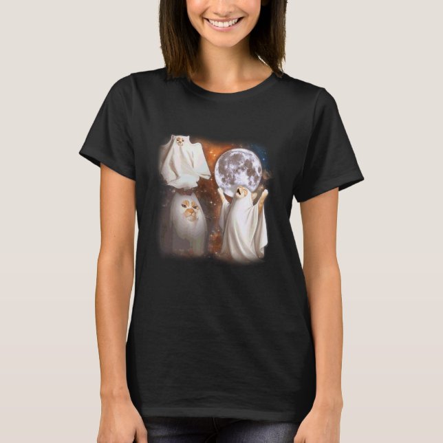 Camiseta Gato Fantasma Uivando para a Lua Estranho Hallowee (Frente)