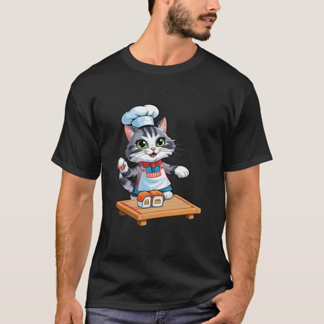 Camiseta Gato Fazer Sushi Gato Culinário Gato Kawaii Comida (Frente)