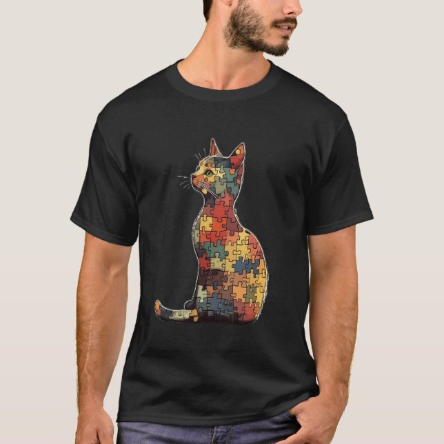 Camiseta Gato Feito De Arte De Quebra-Cabeça (Frente)