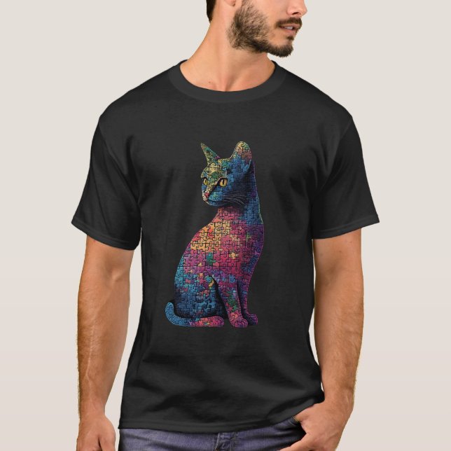 Camiseta Gato Feito De Arte De Quebra-Cabeça (Frente)
