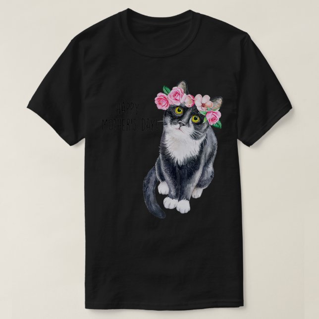 Camiseta Gato Feliz De Dia de as mães Com Flores Cat Mãe G (Frente do Design)