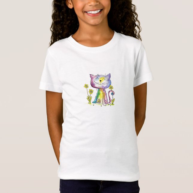 Camiseta Gato Feliz e Caprichoso com Flores Amarelas (Frente)