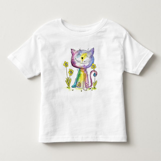 Camiseta Gato Feliz Esbranquiçado e Bonito com Flores Amare (Frente)