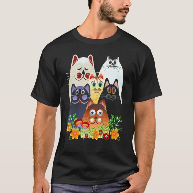 Camiseta Gato Feliz Flores Coloridas (Frente)
