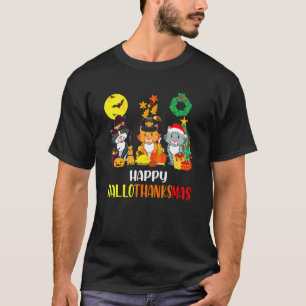 Camiseta Gato Feliz Hallothanksmas Dia das Bruxas Natal Açã