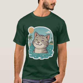 Camiseta Gato Feliz Nadando – Adesivo de Verão no Oceano