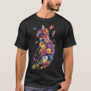 Camiseta Gato Floral Colorido – Arte de Borboleta Aquarela