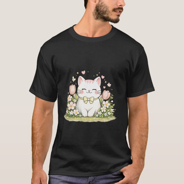 Camiseta Gato Floral da Primavera Adorable Presente para Am (Frente)