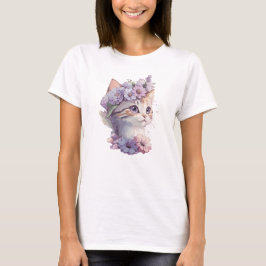 Camiseta Gato Floral de Aguarela Violeta Fofo