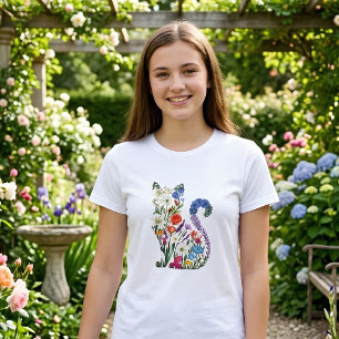 Camiseta Gato Floral Elegante para Mulheres
