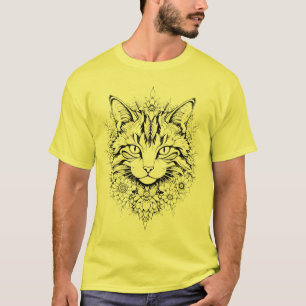 Camiseta Gato Floral Místico - Arte Preta e Branca Itrícia