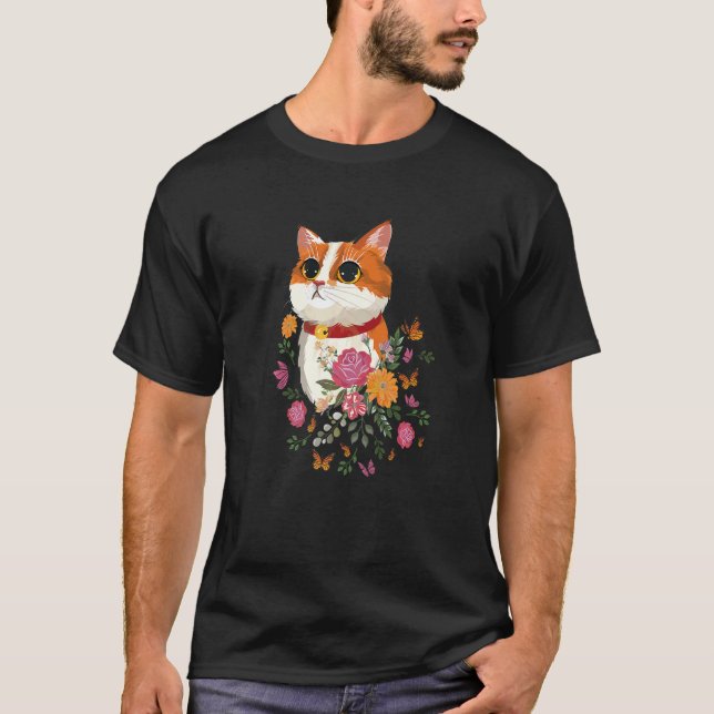 Camiseta Gato Flores Borboletas Gato (Frente)