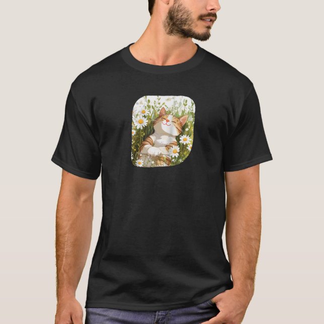 Camiseta Gato Florido em Prado de Margaridas para um Visual (Frente)