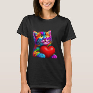 Camiseta Gato Fofo Arco-Íris Abraçando Coração de Valentina