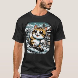 Camiseta Gato Fofo Arte Japonesa Amante de Gatinho de Surf