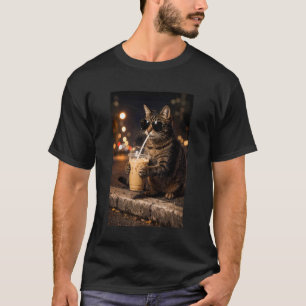 Camiseta Gato Fofo Bebendo Café Gelado Cena Noturna Manga L
