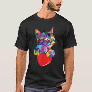 Camiseta gato fofo colorido abraço coração arte para amante