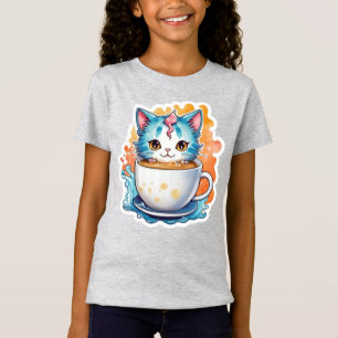 Camiseta Gato Fofo Com Caneca de Café Design de Desenho Ani