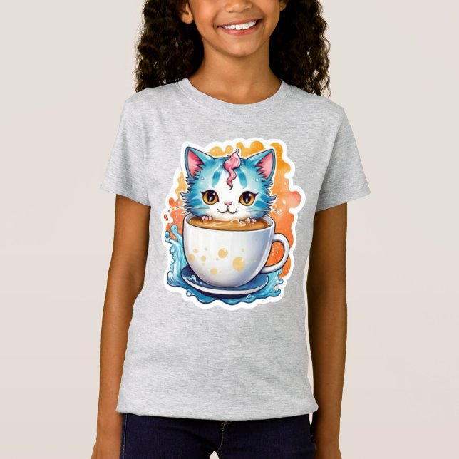 Camiseta Gato Fofo Com Caneca de Café Design de Desenho Ani (Frente)