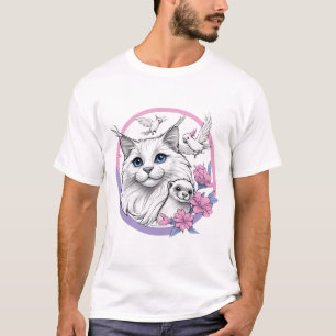 Camiseta Gato Fofo com Furão e Cacatuas