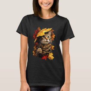 Camiseta Gato Fofo com Guarda-chuva de Folhas de Outono Est