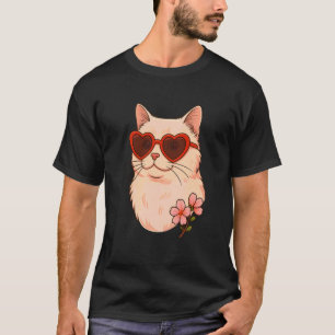 Camiseta Gato Fofo com Óculos de Coração Estilo Floral, Gat