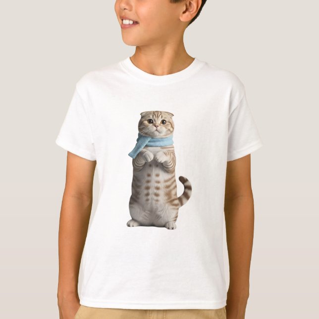 Camiseta Gato Fofo de Cachecol em Pé para Crianças (Frente)