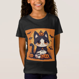 Camiseta Gato Fofo de Halloween com Abóboras e Morcegos