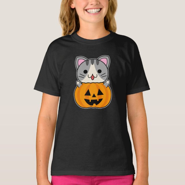 Camiseta Gato Fofo de Halloween em Jack o Lantern (Frente)