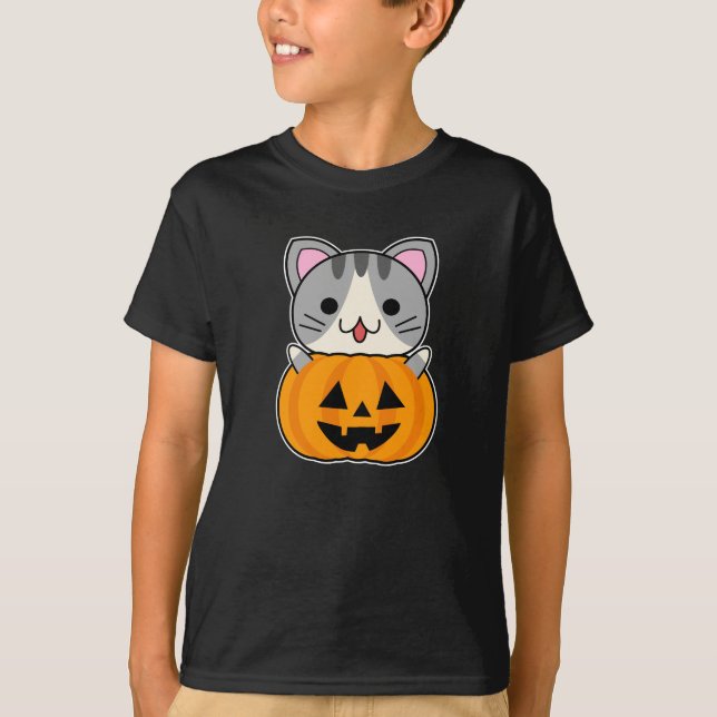 Camiseta Gato Fofo de Halloween em Jack o Lantern (Frente)