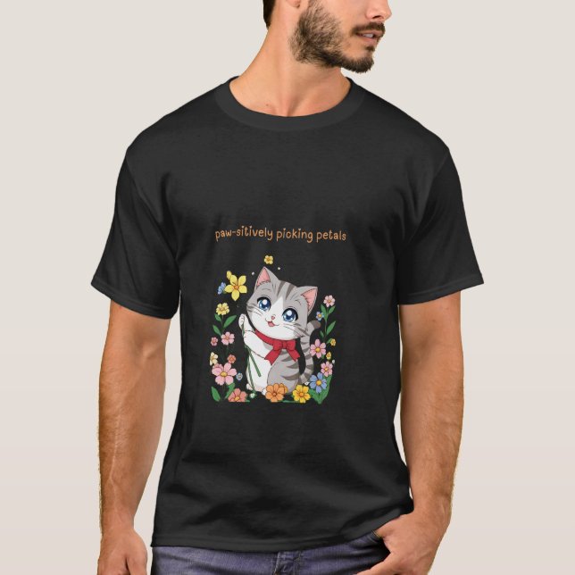 Camiseta Gato Fofo de Primavera Colhendo Flores com Patas P (Frente)