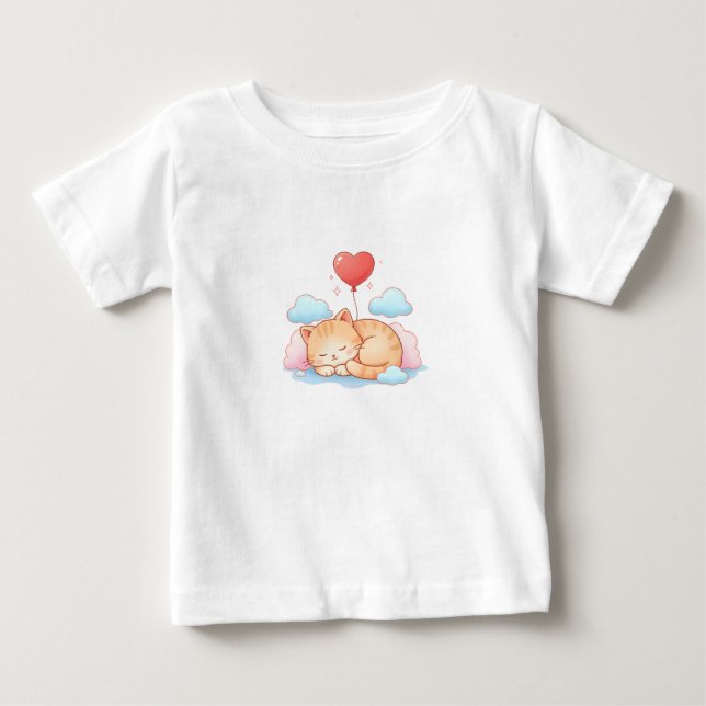 Camiseta Gato Fofo Dormindo com Balão de Coração  (Frente)