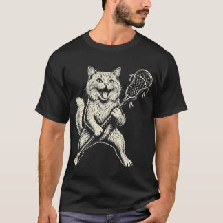 Camiseta Gato Fofo e Divertido Jogando Lacrosse Vintage