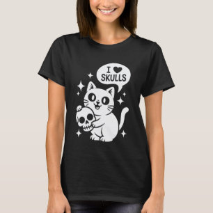 Camiseta Gato Fofo Eu Amo Caveiras Gato Gótico Engraçado Am