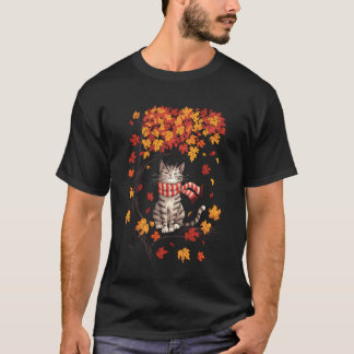 Camiseta Gato Fofo Folha Árvore Outono Olá Outono Dia de Aç