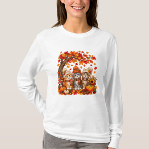 Camiseta Gato Fofo Folha Queda Árvore Olá Outono