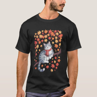 Camiseta Gato Fofo Folha Queda Árvore Olá Outono Mulheres H