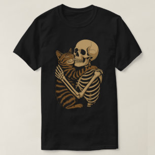Camiseta Gato Fofo Macabro Abraço – Esqueleto e Gatinho