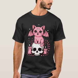 Camiseta Gato Fofo Morcego Rosa Pastel com Caveira Dia das