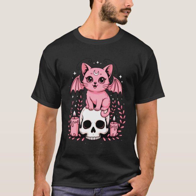 Camiseta Gato Fofo Morcego Rosa Pastel com Caveira Dia das  (Frente)