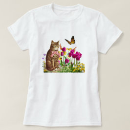 Camiseta Gato Fofo no Jardim de Flores com Borboleta