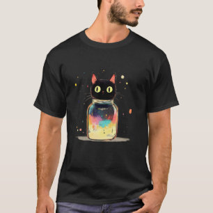 Camiseta Gato Fofo Preto em Pote Cósmico com Galáxia Colori