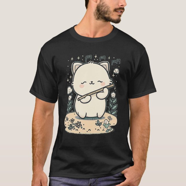 Camiseta Gato Fofo Tocando Flauta Gato Engraçado (Frente)